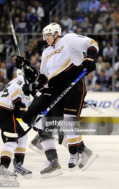 Corey Perry of the Anaheim Ducks and Dustin Brown of the Los Angeles Kings collide during the third period of the NHL hockey game on February 4, 2010...