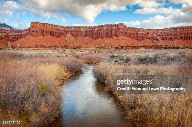 fremont river flowing under red sandstone cliff. - capitol reef national park fotografías e imágenes de stock