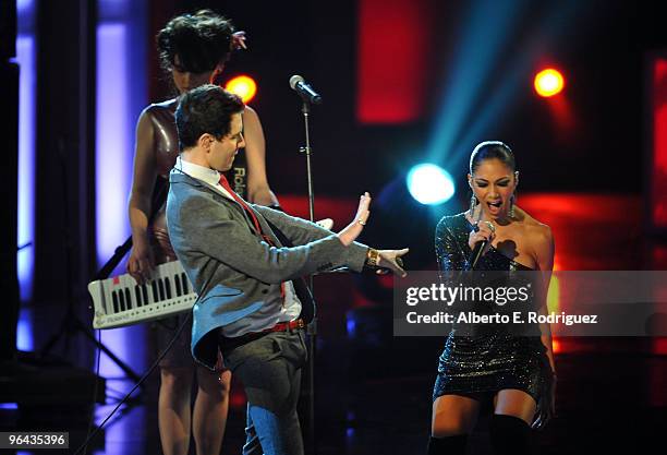 Musician Gabe Saporta of Cobra Starship performing with Nicole Scherzinger onstage at the People's Choice Awards 2010 held at Nokia Theatre L.A. Live...