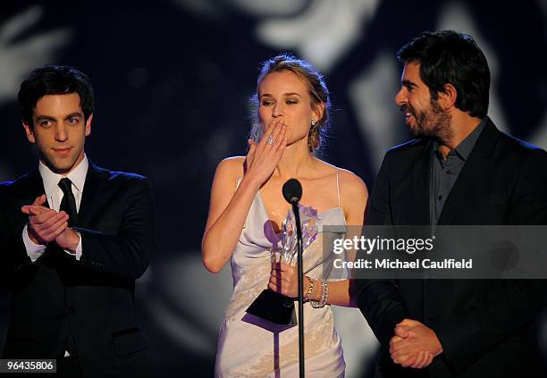 Actors B.J. Novak, Diane Kruger and Eli Roth onstage at the 15th annual Critics' Choice Movie Awards held at the Hollywood Palladium on January 15,...