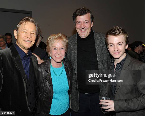 Actors Michael York, Pat York, Steven Fry and Steven Webb, attend Herb Alpert Black Totem Series Artist Reception held at Ace Gallery on February 4,...