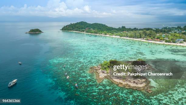 aerial view of beautiful tropical beach in satun, thailand. lipe island is the thai island in the andaman sea. which is populated with small islands and known for its coral-rich waters. - knockout stock pictures, royalty-free photos & images