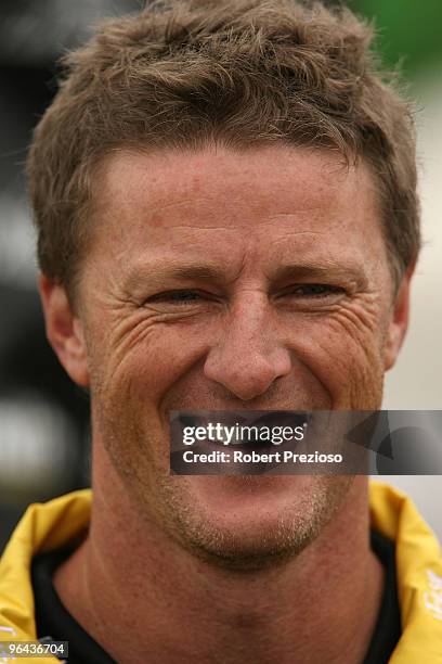 Coach Damien Hardwick talks to the media during a Richmond Tigers intra-club AFL match at Highgate Reserve on February 5, 2010 in Melbourne,...