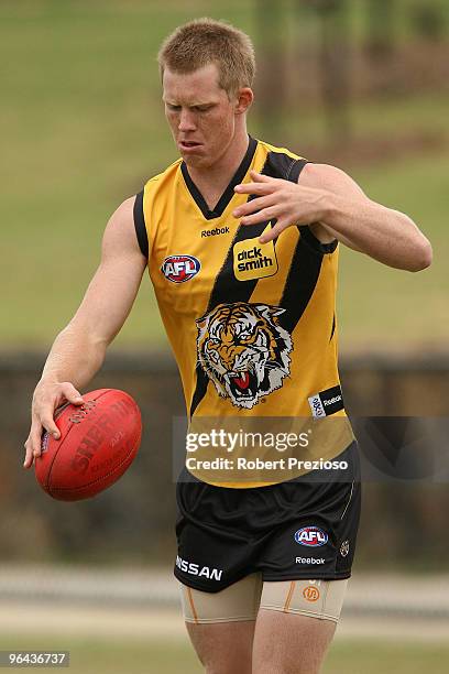 Jack Riewoldt kicks during a Richmond Tigers intra-club AFL match at Highgate Reserve on February 5, 2010 in Melbourne, Australia.