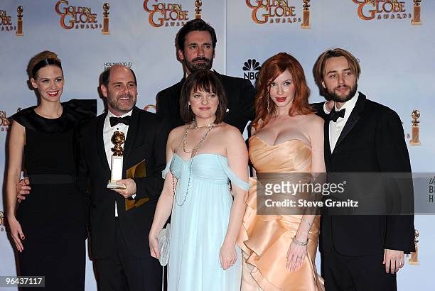 Actress January Jones, writer-producer Matthew Weiner, and actors Jon Hamm, Elisabeth Moss, Christina Hendricks and Vincent Kartheiser pose in the...