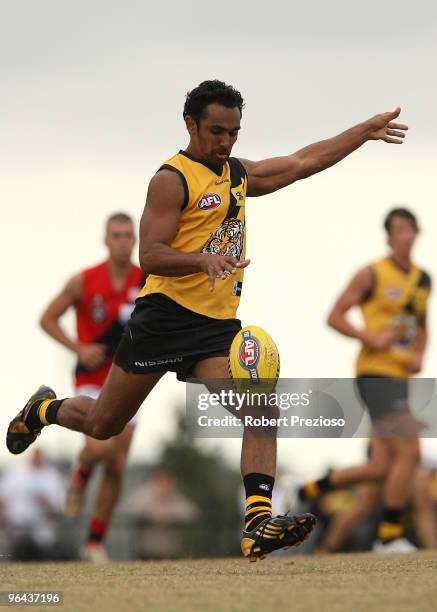 Richard Tambling kicks during a Richmond Tigers intra-club AFL match at Highgate Reserve on February 5, 2010 in Melbourne, Australia.