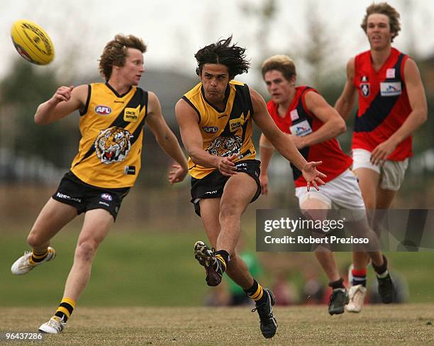 Jordan McMahon kicks the ball during a Richmond Tigers intra-club AFL match at Highgate Reserve on February 5, 2010 in Melbourne, Australia.