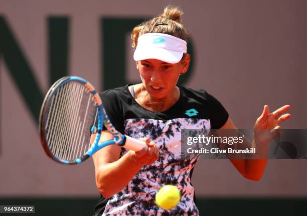 Elise Mertens of Belgium plays a forehand during her ladies singles second round match against Heather Watson of Great Britain during day five of the...