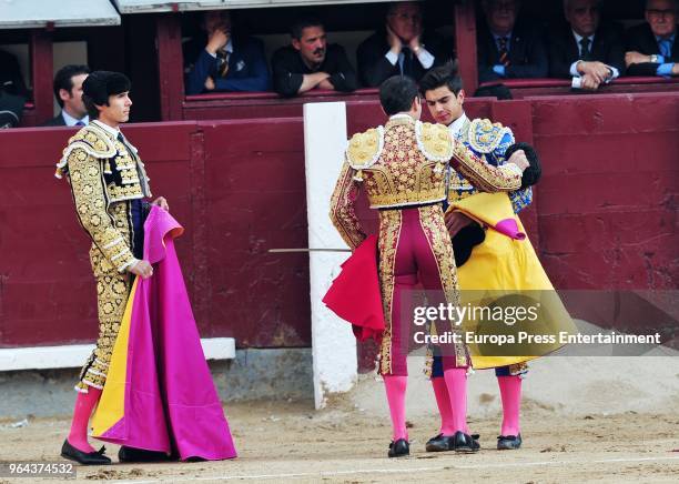 Sebastia Castella, Jesus Enrique Colombo and Enrique Ponce attend San Isidro Fair at Las Ventas Bullring on May 30, 2018 in Madrid, Spain.