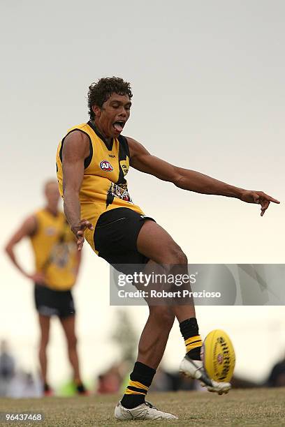 Shane Edwards kicks during a Richmond Tigers intra-club AFL match at Highgate Reserve on February 5, 2010 in Melbourne, Australia.