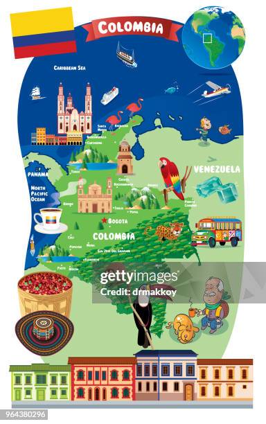 cartoon map of colombia - medellín stock illustrations