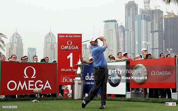 Paul Lawrie of Scotland during the second round the Omega Dubai Desert Classic on the Majlis Course at the Emirates Golf Club on February 5, 2010 in...