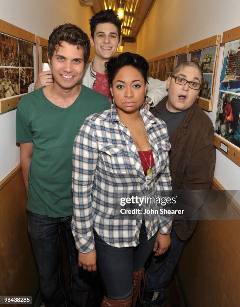 Actors Drew Seeley, Raven-Symone, Ken Baumann, and Andy Milonakis on the set of the Jed Foundation's PSA shoot at New Deal Studios on February 4,...