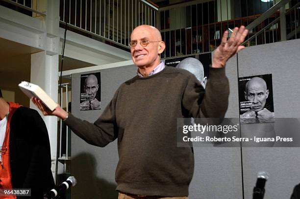 Writer James Ellroy during his speech for the book launch "Blood's a Rover" at biblioteca Renzo Renzi on February 4, 2010 in Bologna, Italy.