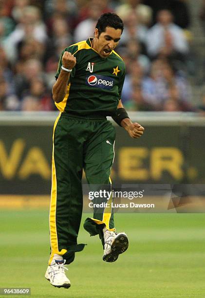 Umar Gul of Pakistan celebrates a wicket during the Twenty20 international match between Australia and Pakistan at Melbourne Cricket Ground on...