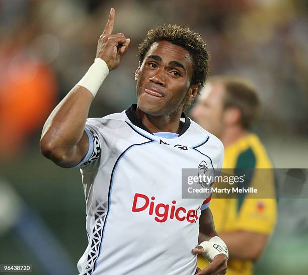 William Ryder of Fiji celebrates his try in the match between Australia and Fiji during day one of the Wellington IRB Sevens at Westpac Stadium on...