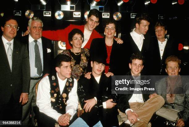 Members of the New Kids on the Block with their parents circa 1989 in New York City.