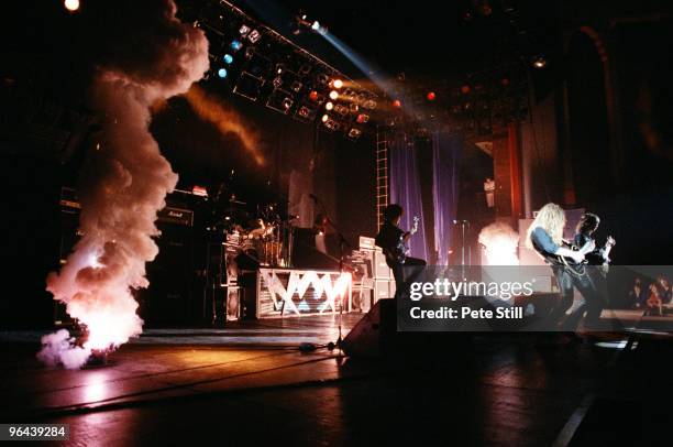 Phil Lynott, John Sykes and Scott Gorham of Thin Lizzy perform on stage, on the 'Thunder and Lightning' tour at Hammersmith Odeon on March 10th, 1983...