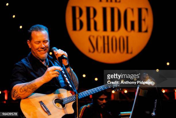 James Hetfield of Metallica perfoms an acoustic set on stage at the Bridge School Benefit Concert 2007 held at the Shoreline Amphitheatre in Mountain...