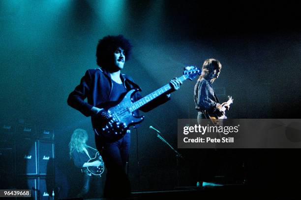 John Sykes, Phil Lynott and Scott Gorham of Thin Lizzy perform on stage, on the 'Thunder and Lightning' tour at Hammersmith Odeon on March 10th, 1983...