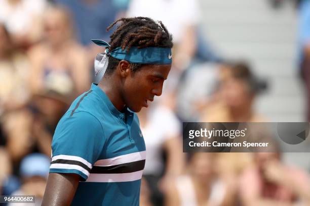 Elias Ymer of Sweden looks dejected during his mens singles second round match against Fabio Fognini of Italy during day five of the 2018 French Open...
