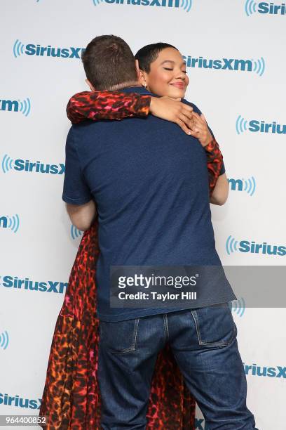 Nick Offerman and Kiersey Clemons visit the SiriusXM Studios on May 30, 2018 in New York City.
