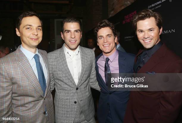 Jim Parsons, Zachary Quinto, Matt Bomer and Andrew Rannells pose at the opening night 50th year celebration after party for the classic play revival...