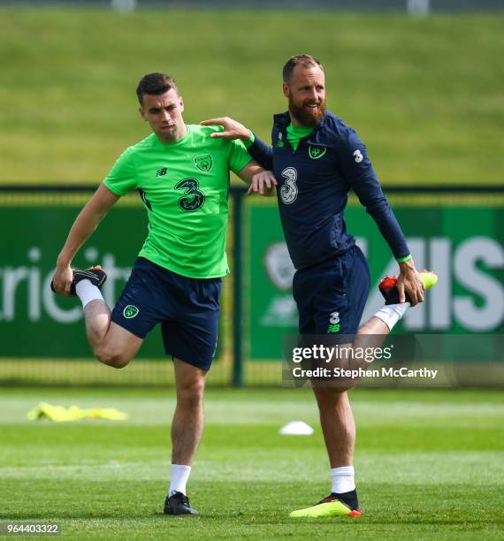 Dublin , Ireland - 31 May 2018; David Meyler, right, and Seamus Coleman during a Republic of Ireland training session at the FAI National Training...