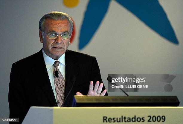 President of Spanish savings bank La Caixa Isidre Faine gestures at the presentation of the bank's 2009 results on February 5, 2010 in Barcelona. AFP...