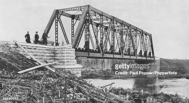 Steel railway bridge over the Bolshoi Kemchug River near Krasnoyarsk in Western Siberia, circa 1925. The bridge is on the Trans-Siberian Railway.