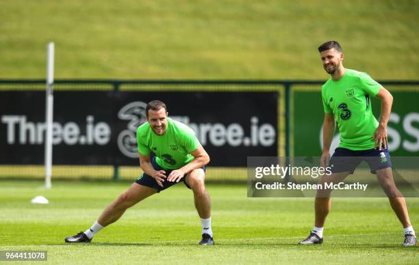 Dublin , Ireland - 31 May 2018; John O'Shea, left, and Shane Long during a Republic of Ireland training session at the FAI National Training Centre...