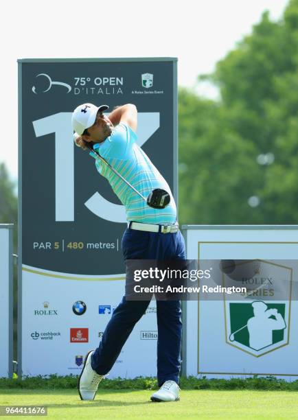 Felipe Aguilar of Chile tees off on the 13th hole during day one of the Italian Open at Gardagolf CC on May 31, 2018 in Brescia, Italy.