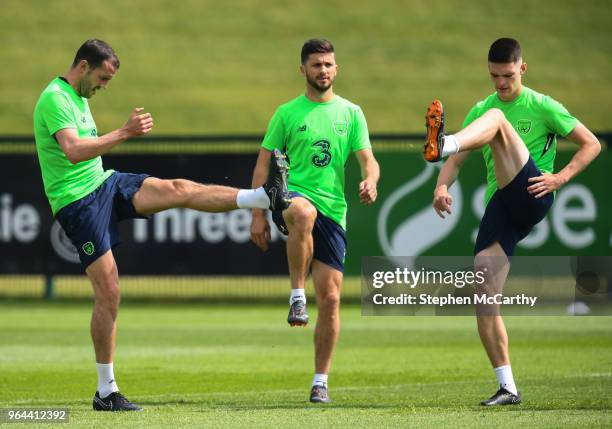 Dublin , Ireland - 31 May 2018; John O'Shea, left, Shane Long and Declan Rice, right, during a Republic of Ireland training session at the FAI...