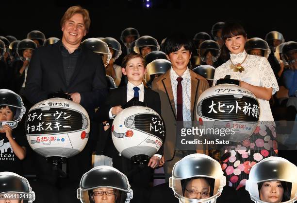 Director Stephen Chbosky, Jacob Tremblay, Fuku Suzuki and Miki Fujimoto attend the 'Wonder' Stage Greeting at Roppongi Hills on May 31, 2018 in...