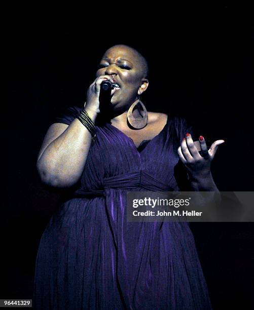 Singer Frenchie Davis performs at the Haiti Food Project Second Aid Benefit, Concert and Auction at the American Jewish University on February 4,...