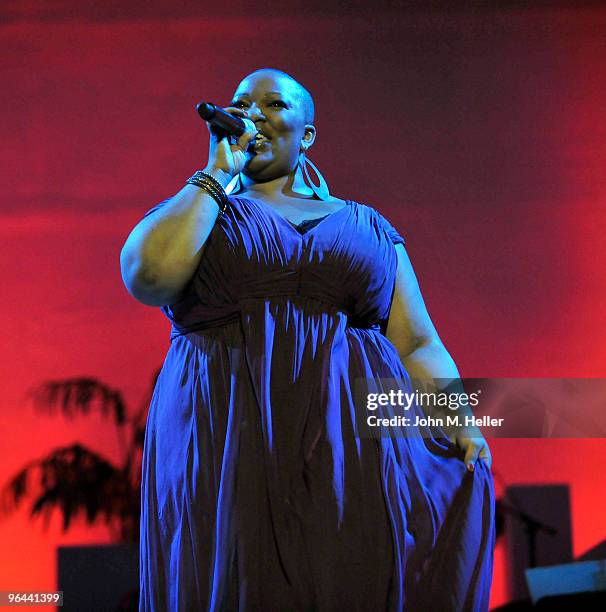 Singer Frenchie Davis performs at the Haiti Food Project Second Aid Benefit, Concert and Auction at the American Jewish University on February 4,...