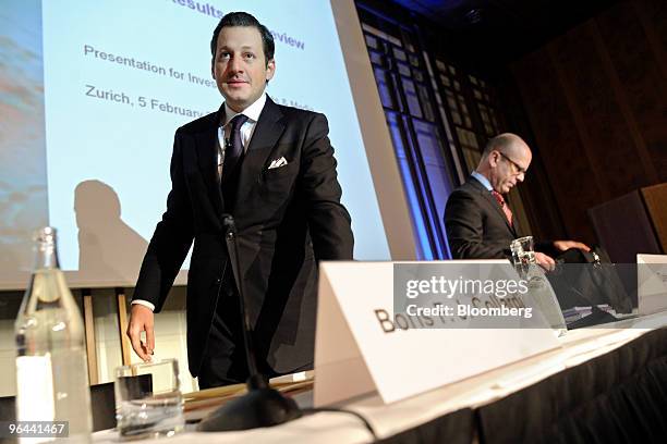 Boris F. J. Collardi, chief executive officer of Julius Baer, left, and Dieter A. Enkelmann, chief financial officer of Julius Baer, arrive for the...