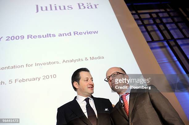 Boris F. J. Collardi, chief executive officer of Julius Baer, left, and Dieter A. Enkelmann, chief financial officer of Julius Baer, arrive for the...