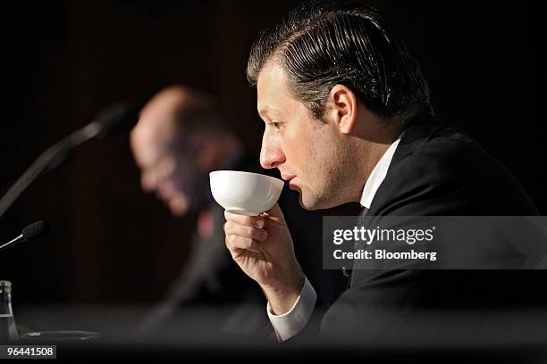 Boris F. J. Collardi, chief executive officer of Julius Baer, takes a sip of tea at the bank's news conference in Zurich, Switzerland, on Friday,...