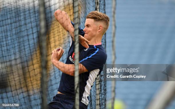 Tom Curran of England bowls during a nets session at Headingley on May 31, 2018 in Leeds, England.