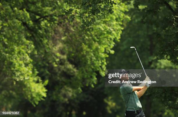 Thomas Pieters of Belgium plays his second shot on the 9th hole during day one of the Italian Open at Gardagolf CC on May 31, 2018 in Brescia, Italy.