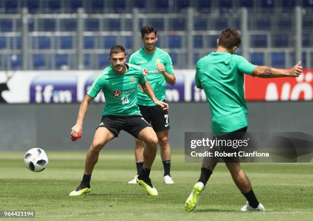 James Troisi of Australia looks to get the ball during an Australia Socceroos training session at NV Arena on May 31, 2018 in Sankt Polten, Austria.