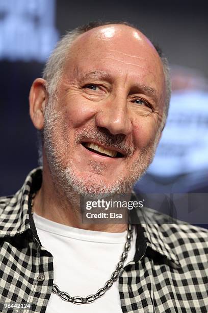 Pete Townshend of The Who smiles while speaking to members of the media during the Bridgestone Half Time Show Press Conference held at the Fort...