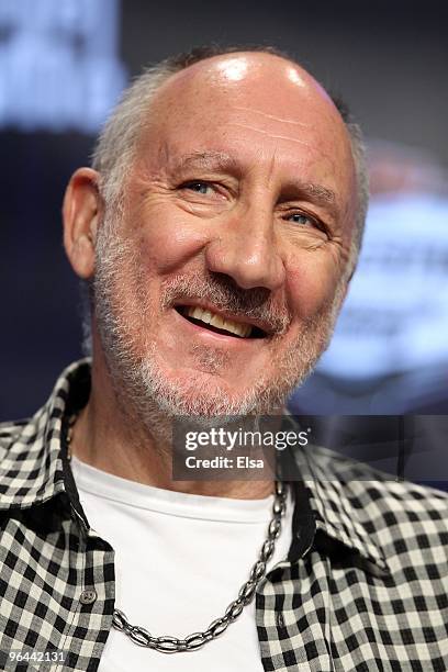 Pete Townshend of The Who smiles while speaking to members of the media during the Bridgestone Half Time Show Press Conference held at the Fort...