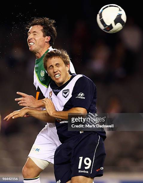 Robbie Fowler of the Fury competes with Evan Berger of the Victory during the round 26 A-League match between the Melbourne Victory and the North...