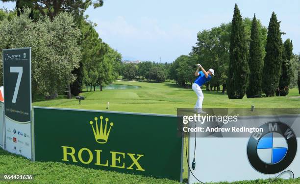 Oliver Fisher of England tees off on the 7th hole during day one of the Italian Open at Gardagolf CC on May 31, 2018 in Brescia, Italy.