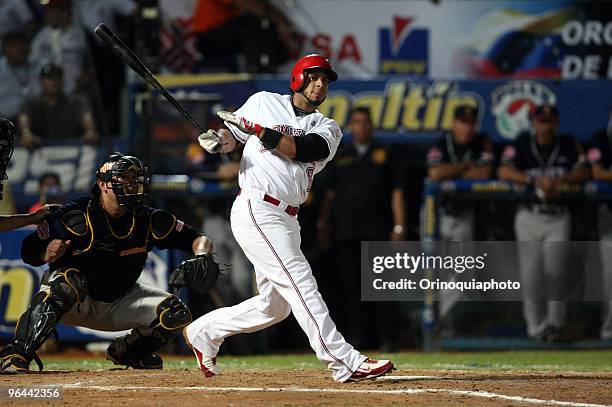 Dominican Republic player, Fernando Martinez in action during a baseball game against Venezuela's Leones del Caracas as part of the Caribbean...