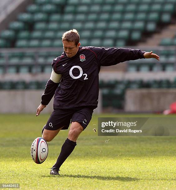 Jonny Wilkinson practices his kicking during the England training session held at Twickenham Stadium on February 5, 2010 in London, England.