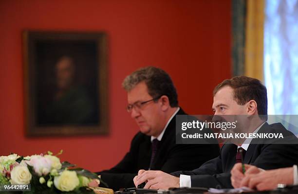 Russian President Dmitry Medvedev meets with former president of Namibia Sam Nujoma , not pictured, at the Kremlin in Moscow on February 5, 2010. The...