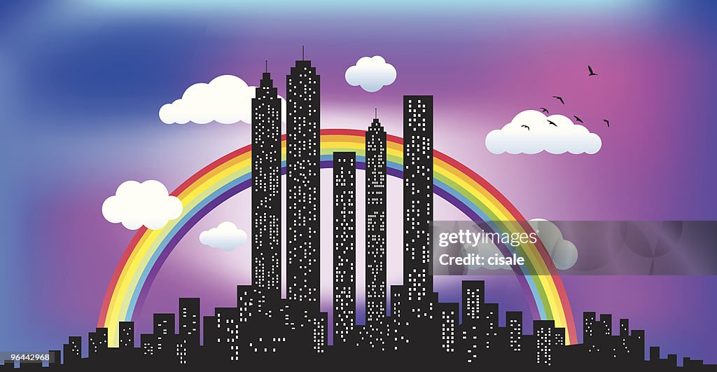 City Skyline with sky and rainbow illustration silhouette